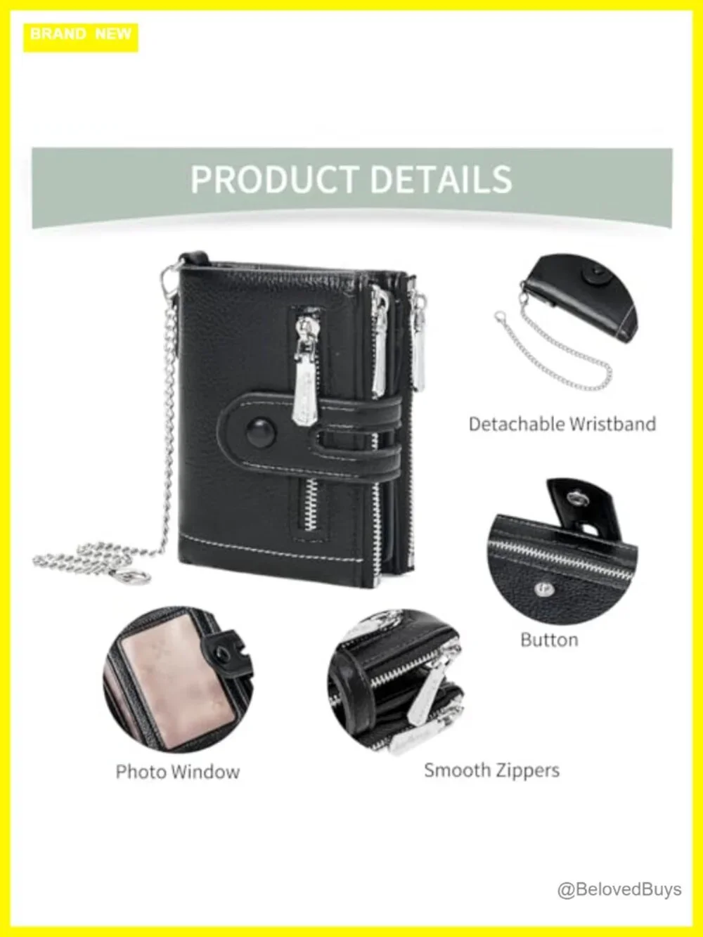 Small Womens Bifold Wallet Card Holder 2 Zipper Coin Pockets Detachable Chain